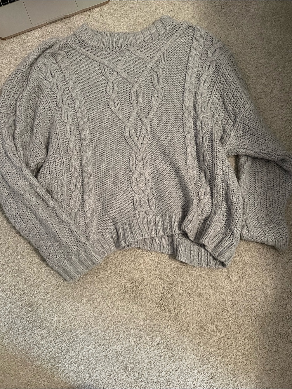 Aerie Light Gray Cable Knit Crew Sweater